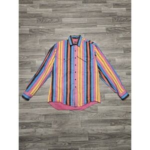 Vintage Wrangler Western Striped Brushpopper Shirt Mens XL Tails 16-36 Rainbow